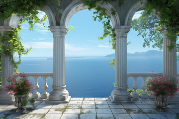 3d render from imagine white dome roman in classic Italy style sea view from terrace in pavilion. - obrazy, fototapety, plakaty