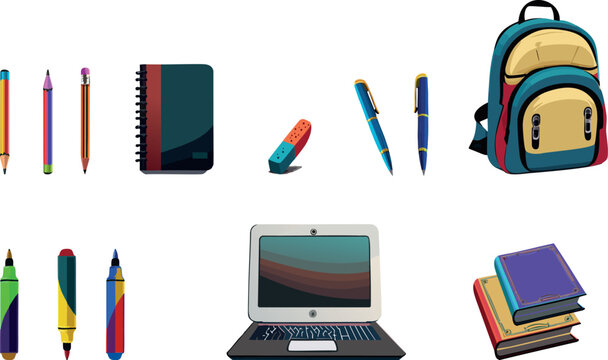 vetores, material escolar, l&aacute;pis, caneta, borracha, livros, 