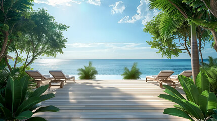 3D rendering : illustration of walk way to Beach lounge. sun loungers on Sunbathing deck and...