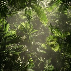 Fototapeta na wymiar A jungle canopy texture, with layers of lush green leaves and dappled sunlight filtering through, conveying the dense and untamed wilderness created with Generative AI Technology