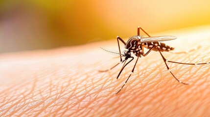 Close-up photo of a mosquito on a human skin. A close-up of a mosquito, its needle-like mouth ready to pierce. - obrazy, fototapety, plakaty