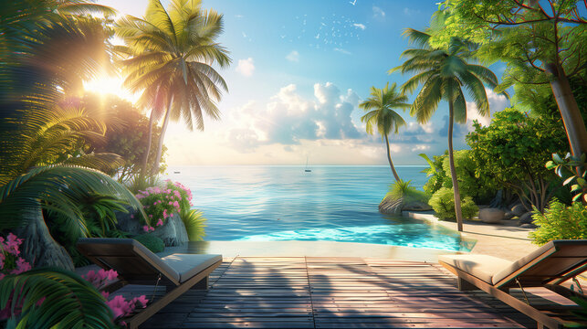 3D rendering : illustration of walk way to Beach lounge. sun loungers on Sunbathing deck and private swimming pool with sea view at luxury villa resort. travel in summer time concept.f