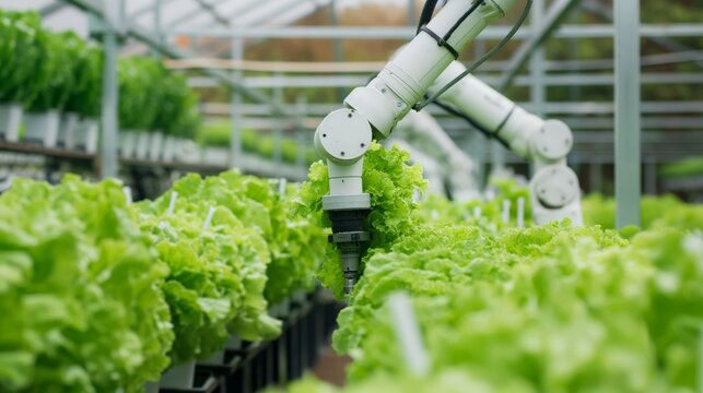 A robotic arm is shown harvesting crisp lettuce in a high-tech indoor farming setup, showcasing agricultural automation.