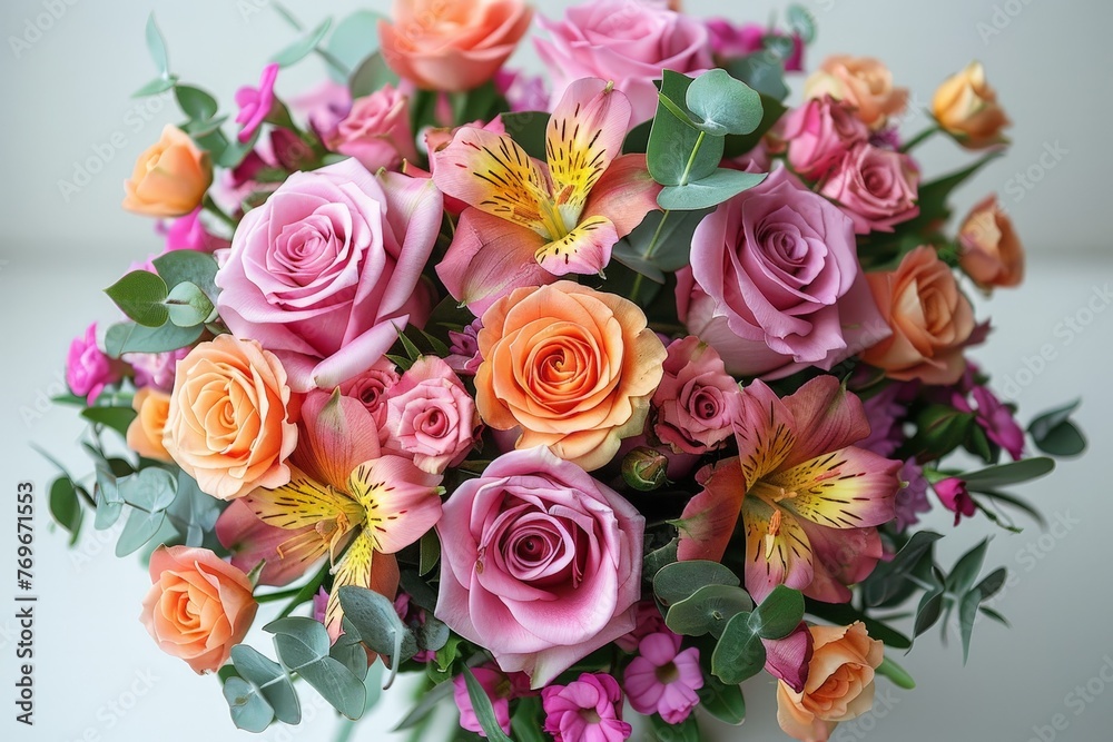 Poster a round vase brimming with a variety of fresh pink and orange flowers, creating a colorful and cheer