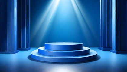 Blue podium mockup. Studio showroom pedestal, fashion showcase mock up scene or exhibition. Generative AI.