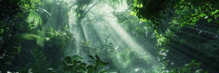 A jungle canopy texture, with layers of lush green leaves and dappled sunlight filtering through, conveying the dense and untamed wilderness created with Generative AI Technology - obrazy, fototapety, plakaty