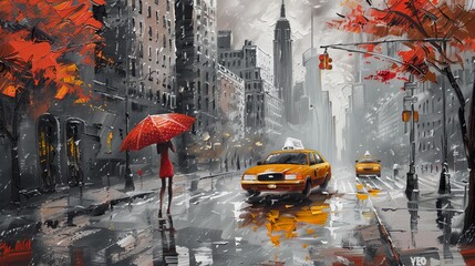 oil painting on canvas, street view of New York, woman under an red umbrella, yellow taxi, modern Artwork, American city, illustration
