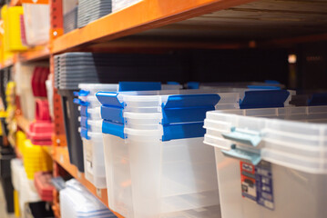 Clear storage boxes with durable latches lids, comfortable grip for carrying display at hardware...
