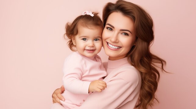 Woman mama in light clothes have fun with cute child baby girl. Mother little kid daughter isolated on pastel pink wall background studio portrait Mother's Day love family parenthood childhood concept