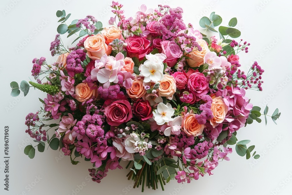 Poster A vibrant array of flowers in various colors and shapes, delicately arranged on a table, creating a harmonious and visually captivating display