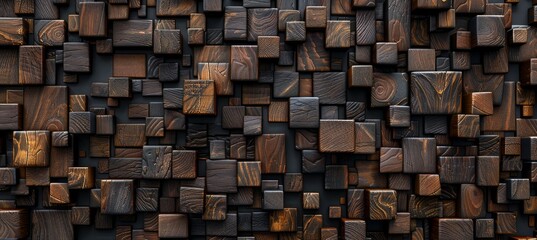 Abstract arrangement of 3d wooden cubes in rustic stack formation for unique backdrop texture - obrazy, fototapety, plakaty