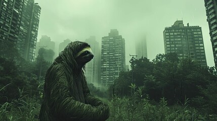 A sloth in a green, sustainable city park, representing the value of conservation and a slower pace in urban environmental initiatives. - obrazy, fototapety, plakaty