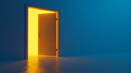 This is a 3D render of an open door with yellow light inside it, isolated on a blue background. It is a modern minimalist concept with an opportunity metaphor.