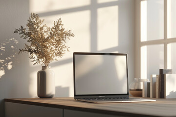 Design a laptop mock-up placed on a minimalist desk with artistic lighting