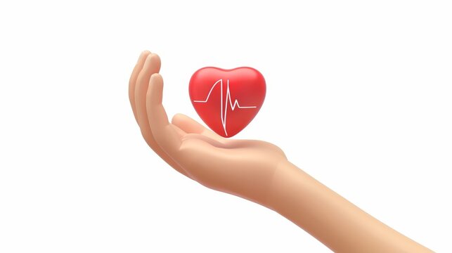 3D render. Medical heart rate icon. Cartoon cardiologist hand holding heart. Healthcare illustration. Cardiogram clip art isolated on white background.
