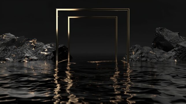 Abstract black background with cobblestones and golden square frame, liquid floor with reflection in the water, modern minimal showcase for product demonstration