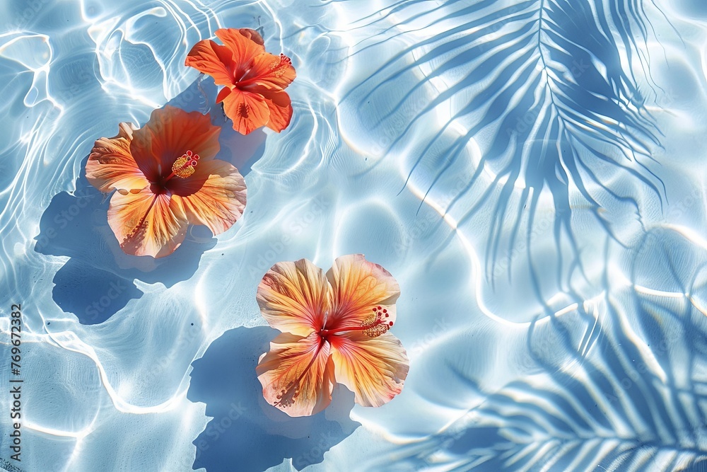 Poster two vibrant orange flowers gently float on the surface of a calm pool of water, creating a tranquil 