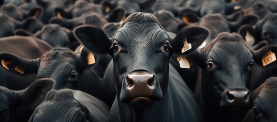 A cluster of cows gathers closely together, forming a peaceful and harmonious scene. - obrazy, fototapety, plakaty