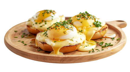 Eggs benedict on wooden plate, isolated white background