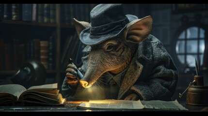Aardvark with a detective hat, shining a flashlight on a set of hidden documents, embodying investigative journalism and the pursuit of truth - obrazy, fototapety, plakaty
