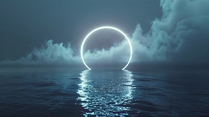 The calm sea is surrounded by a glowing neon ring and white cloud. This is a 3D render of an abstract landscape. - obrazy, fototapety, plakaty