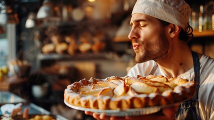 A baker in a white hat savors the aroma of fresh apple pie.