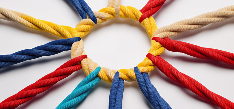 Diversity Colorful Ropes Tied Together in Central Knot, Colorful ropes tied together on white background.	
