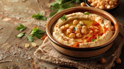 A bowl of creamy hummus topped with chickpeas, drizzled olive oil, and garnished parsley, on a rustic table.