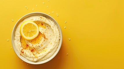 A bowl of creamy hummus topped with a lemon slice and paprika on yellow background. - obrazy, fototapety, plakaty