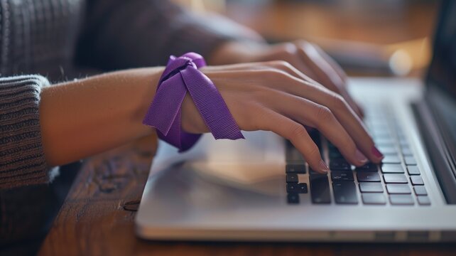 Close-up of hands typing on a laptop keyboard, featuring purple ribbon tied around wrist.