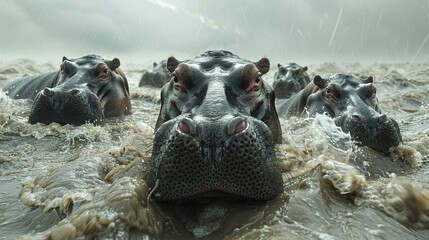 A group of hippos forming a protective circle in a stormy river, illustrating the concept of community defense and insurance against life's uncertainties. - obrazy, fototapety, plakaty