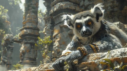 Obraz premium A lemur amidst ancient ruins, uncovering secrets and solving puzzles, symbolizing adventure and the uncovering of hidden truths in gaming and entertainment.