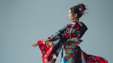 Japanese woman in a traditional kimono on grey background. Female in asian clothes. 