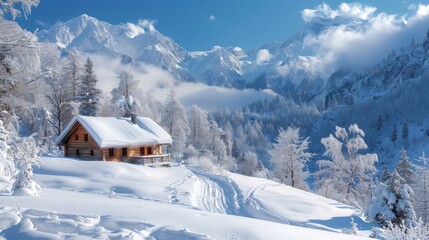 Fototapeta na wymiar Winter Wonderland: A snowy landscape with a cozy cabin and snow-covered trees, portraying the enchantment of winter travel.