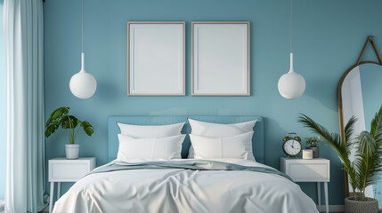 Modern posters above bed with headboard in pastel bedroom interior with mirror. Real photo.