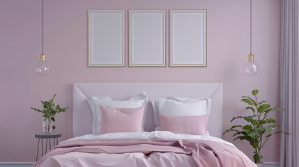 Modern posters above bed with headboard in pastel bedroom interior with mirror. Real photo.