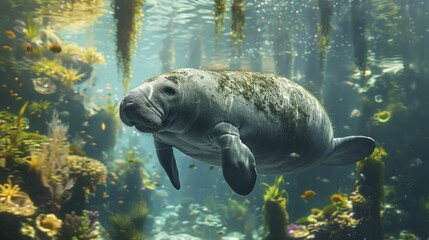 Witness the serene sight of a manatee drifting peacefully amidst a marine sanctuary, backed by coral restoration initiatives for conservation.