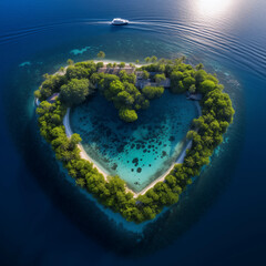 Island in a heart shape form in the middle of the ocean sea, earth day, global warming, mother earth - obrazy, fototapety, plakaty