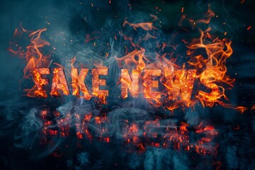 A sign bearing the words fake news is being consumed by flames, symbolic of the destruction of misinformation and deceptive reporting - obrazy, fototapety, plakaty