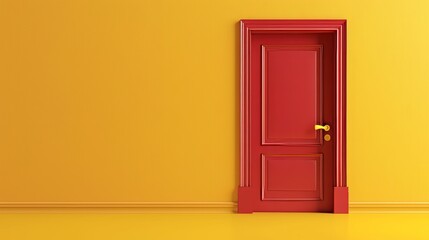 Closed red classic door isolated on bright yellow background. Conceptual design of a modern room. An abstract metaphor in contemporary design.