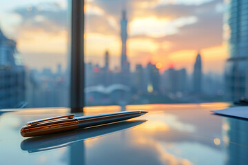 Design a pen mock-up resting on an elegant office desk with panoramic city views.