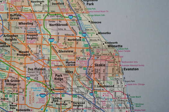 Map of the northern suburbs of Chicago, Illinois, including Park Ridge, Evanston, Glenview, Northbrook, and Wilmette. Location of O'Hare Airport is also featured.