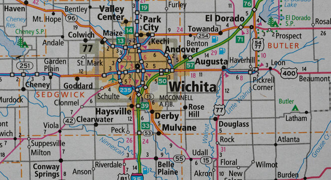 Map of the Wichita, Kansas area as seen in a road atlas