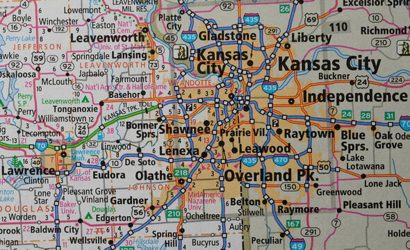 Map of the Kansas City area, showing both Missouri and Kansas.