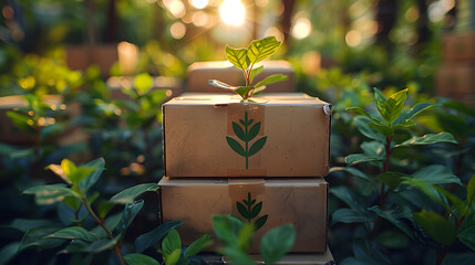 Cardboard boxes with plant graphics, symbolizing sustainable packaging, nestled among lush leaves in golden sunlight