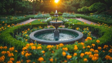 A tranquil garden oasis unfolds with a fountain as its centerpiece, surrounded by a vibrant array of blossoming flowers in full bloom - obrazy, fototapety, plakaty