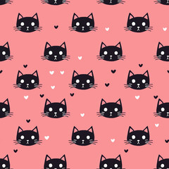Seamless Pattern of Black Heads of Cats on Pink Background.  illustration. Animal silhouette. Wallpaper and fabric design and decor.
