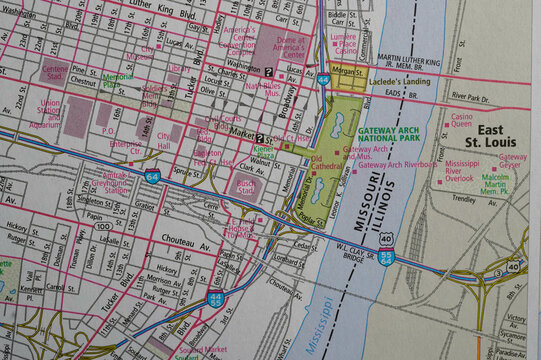 Close-up view of a map of downtown St. Louis, Missouri, featuring the riverfront, Gateway Arch National Park and Busch Stadium.