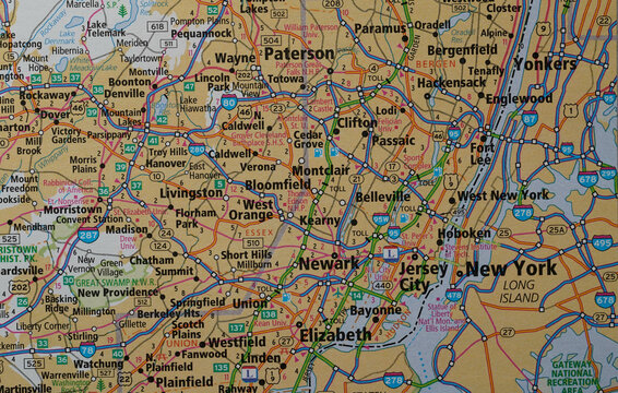 Close-up view of the New Jersey suburbs of New York City, including Newark, Paterson, and Jersey City.