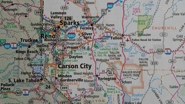Close-up view of a map of the Carson City and Lake Tahoe area at the Nevada-California border from a road atlas.